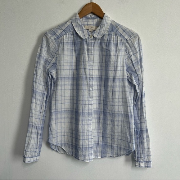 LOFT Plaid Linen Blend Button Blouse Peter Pan Collar Preppy White Blue Spring - Picture 1 of 12